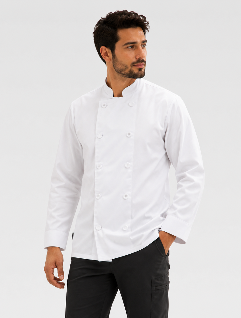 B9002 – Veste de cuisine manches longues double boutonnage, col mao