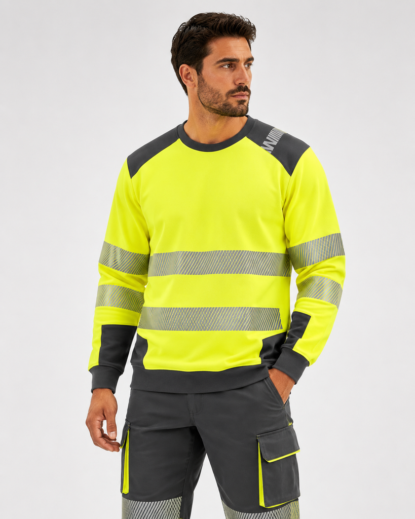 Sweat col rond haute visibilité (Orange HV / Gris foncé, S)